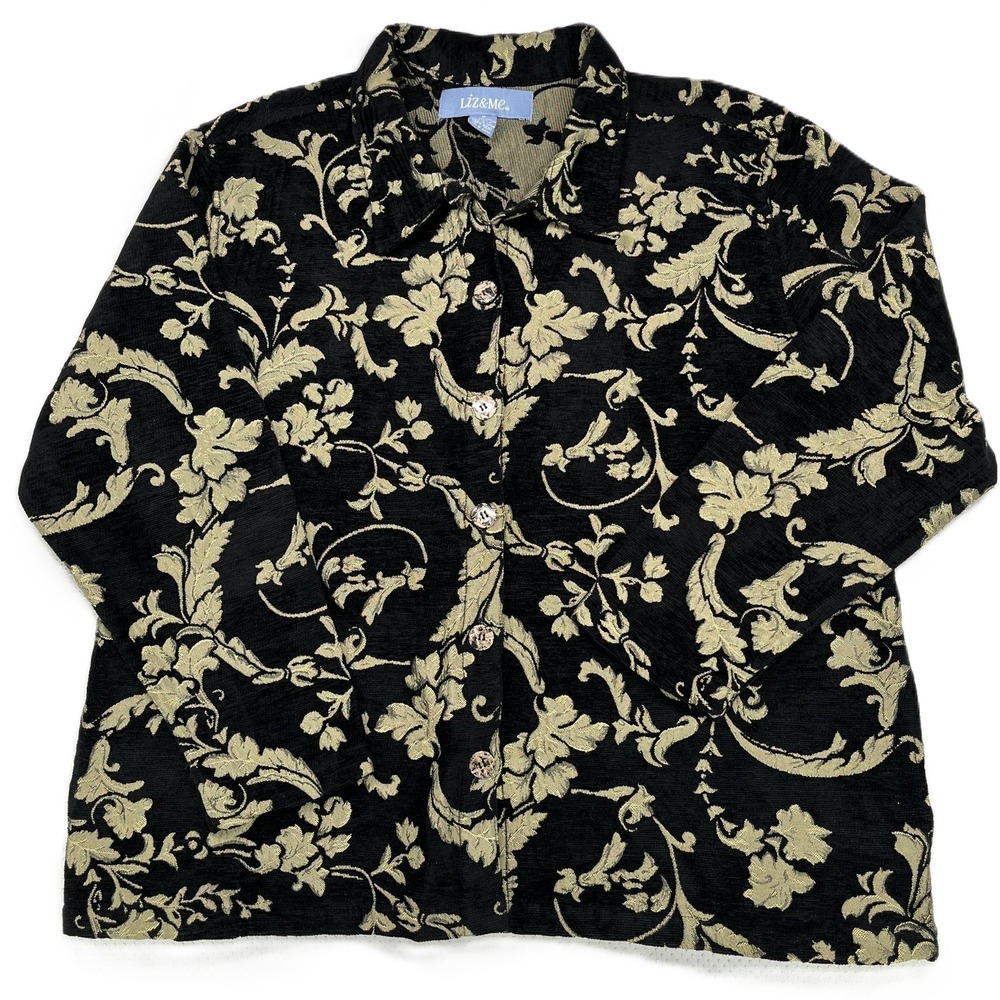 Liz & Me Women's Button Up Brocade Shacket Retro 80's Black & Gold Plus Size 1X